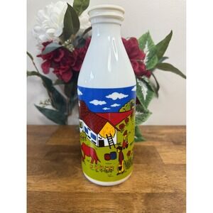 Vintage Egizia Italian Milk Glass Bottle‎ Folk Art Farmer Scene Farm Kitchen